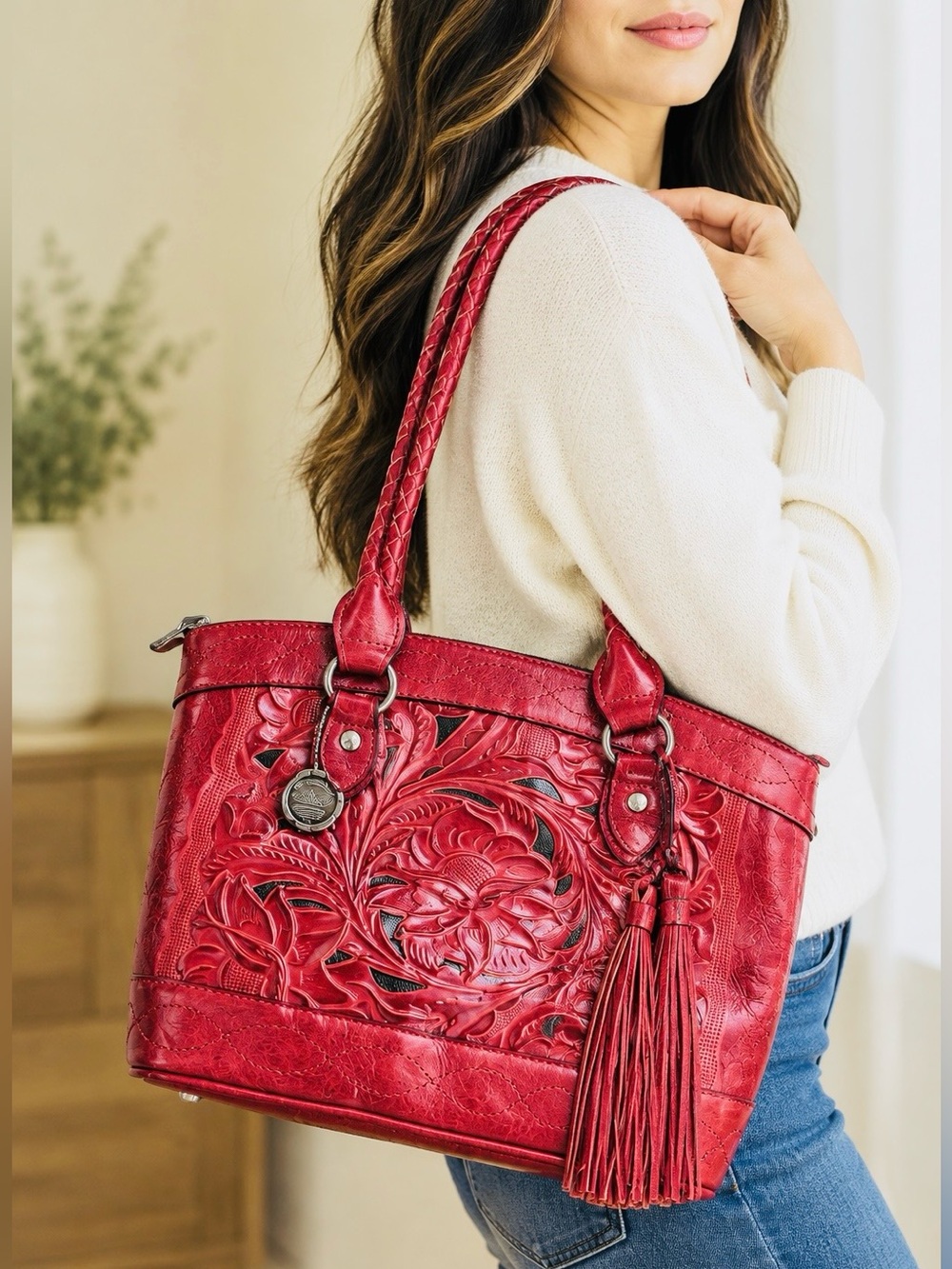 Patricia Nash Red Floral Tooled Full Grain Leather Satchel Purse